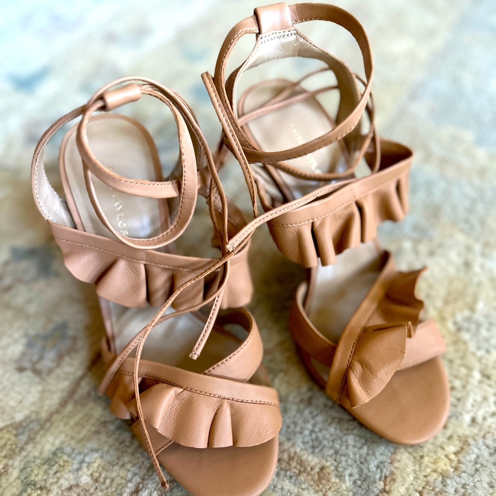 Ann Taylor Soft Leather tan brown ruffle shoes heels sandals new $198